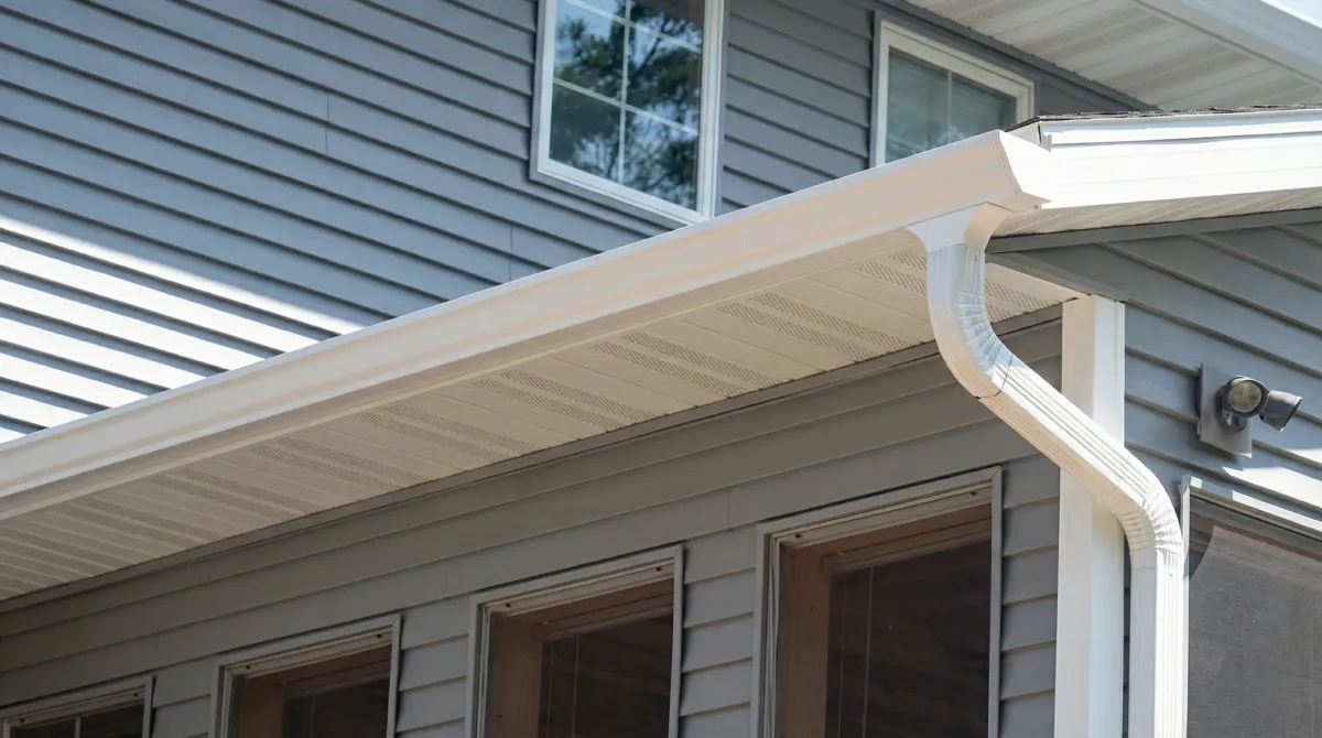 Professional home remodeling project showing newly installed white seamless gutters and downspouts on a house with gray siding in Albuquerque, NM