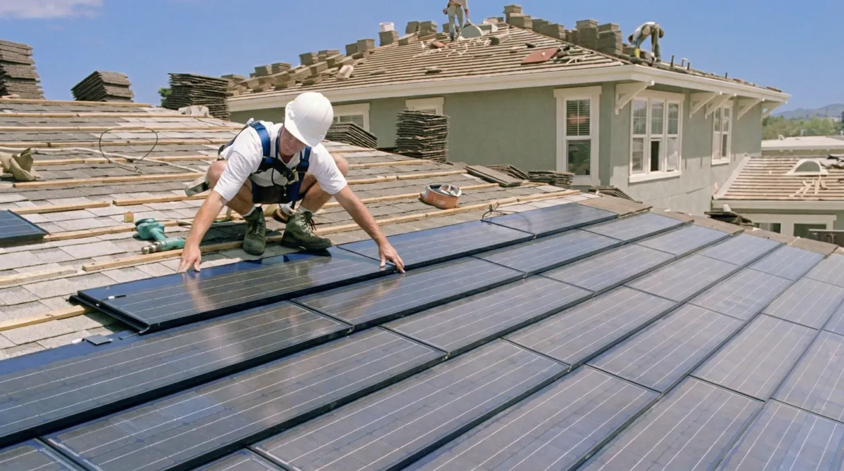 Roof replacement expert installing modern solar shingles on a residential home in Albuquerque, NM