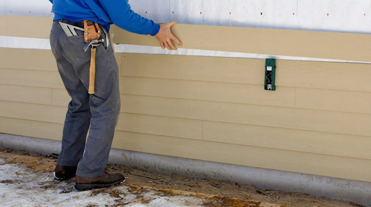 Siding replacement expert carefully aligning a new tan siding panel onto a residential exterior wall in Albuquerque, NM
