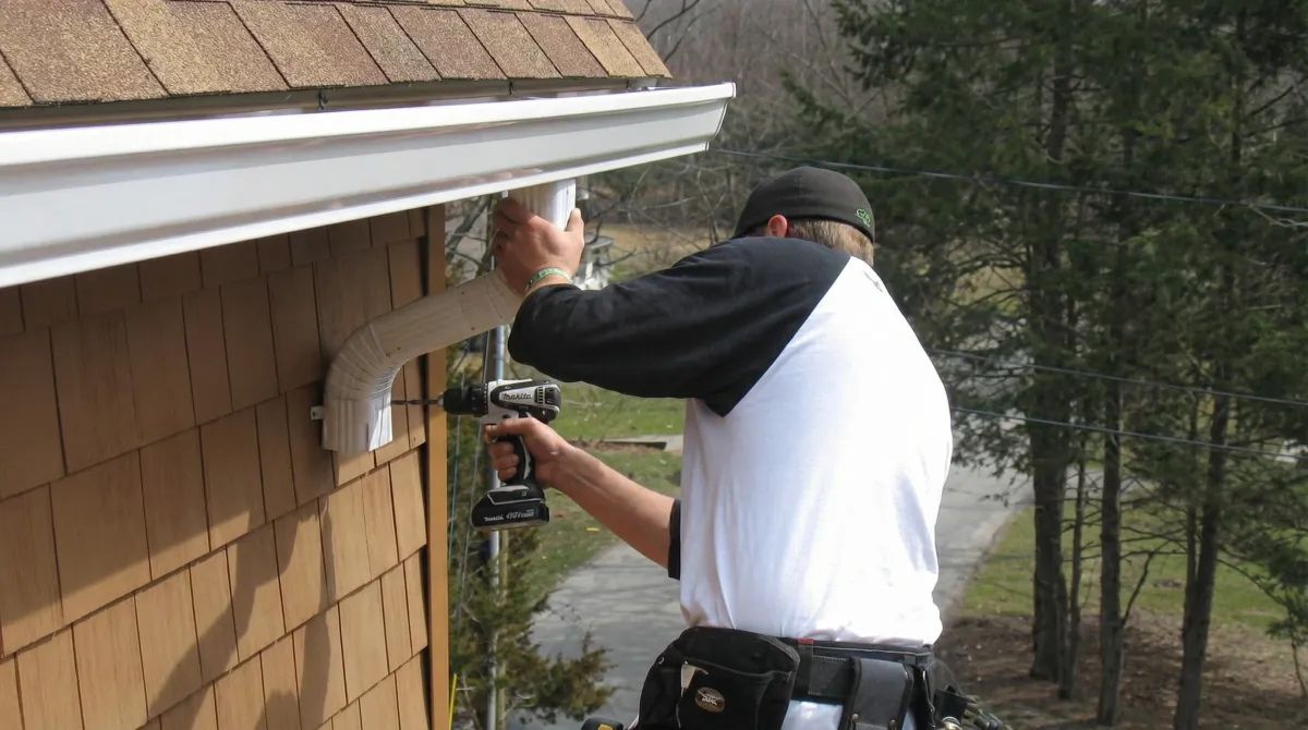 Professional contractor installing tan vinyl siding panels on a residential home exterior in Albuquerque, NM