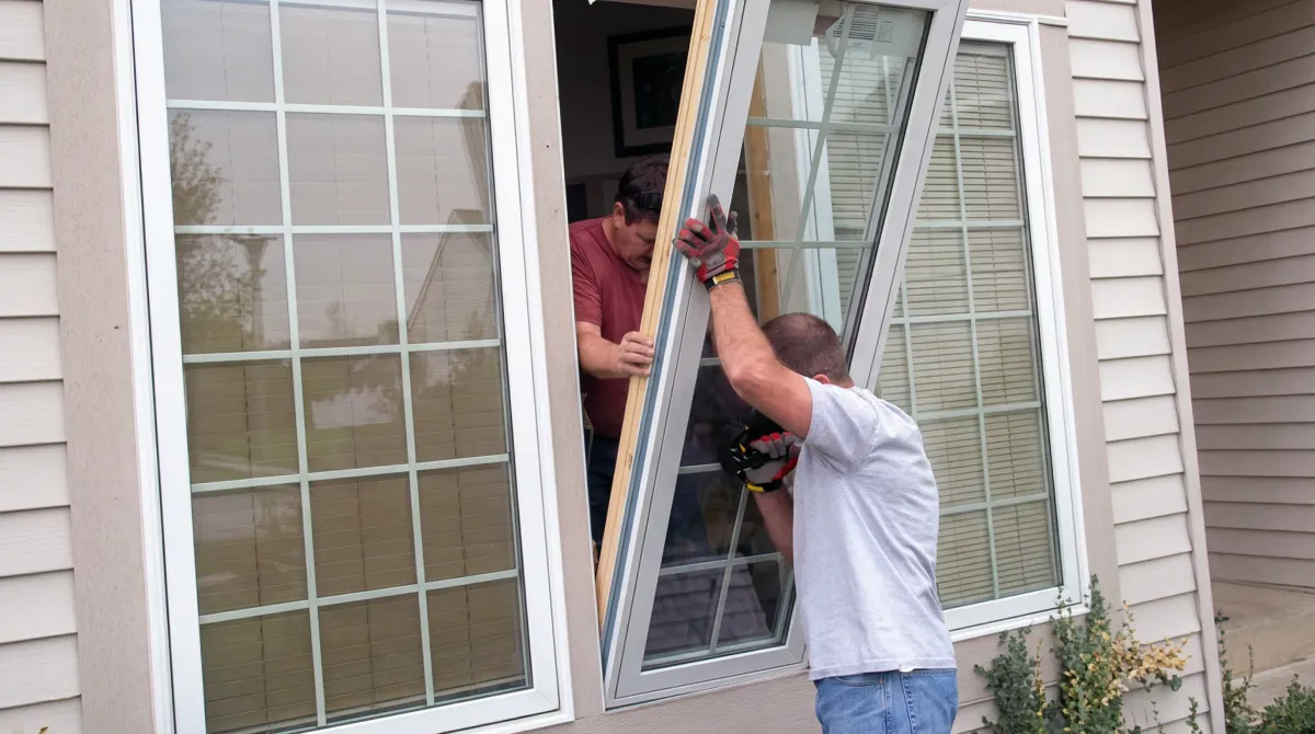 Professional home remodeling team installing a large replacement window on a house with tan siding in Albuquerque, NM